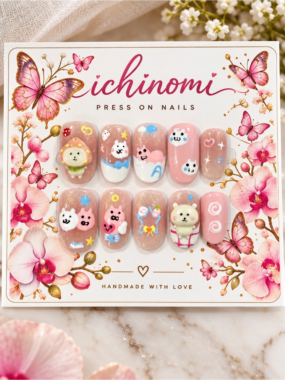 Kawaii Pastel Bear Press-On Nails — Medium
